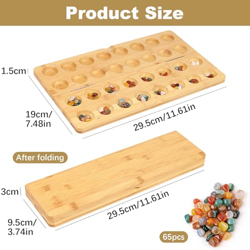 LIULINY Steinchenspiel, 65 Juwel Kalaha Spiel, Mancala Kalaha Faltbar und Leicht zu Tragen Strategiespiele, Edelstein Match Schach,für Kinder Erwachsene Spannendes Strategiespiel aus Holz