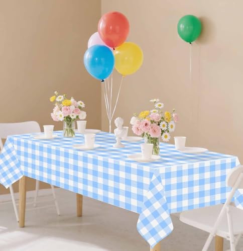 Image of SietDESEO 6 Pack Light Blue Gingham Tablecloth Rectangle 54 x 108 Blue and White Checkered Table Cloth Disposable Plaid Table Cover Plastic for Birthday Baby Shower Picnic Wedding Party Supplies