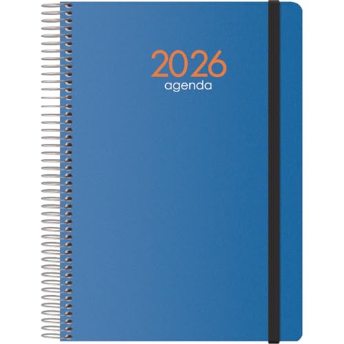 Dohe - Agenda 2026 - Día Página, Tamaño A5 (15x21 cm), Tapa Flexible, Cierre de Espiral y Goma Elástica, 12 Meses Enero a Diciembre, Planificador Anual en Español - Syncro Azul ⭐