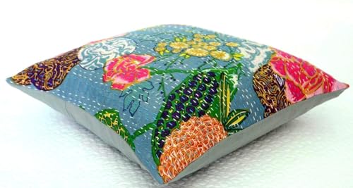 Image of Cotton Kantha Cushion Cover - Hand Stitched Embroidery Decorative Printed Pillow Cover Square Shape Indian 16X16 Inches Boho Cushion-08 (5)