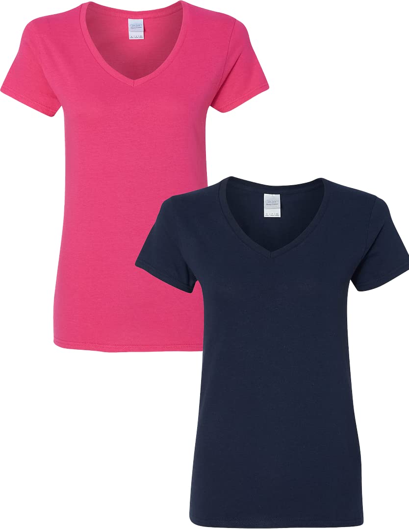 Gildan - Lot de 2 T-shirts en coton épais à col V pour femme, Taille XL