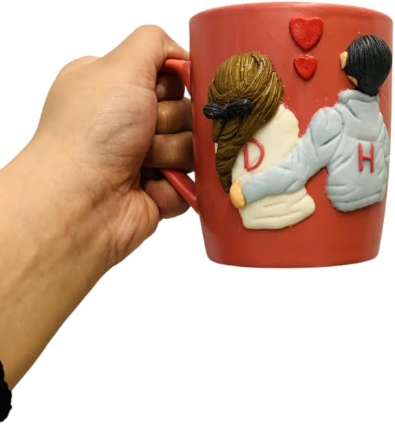 Personalized Couple Coffee Mug, Red Ceramic Cup with 3D Relief Design, Romantic Valentine's Day Gift, Love Hearts Theme