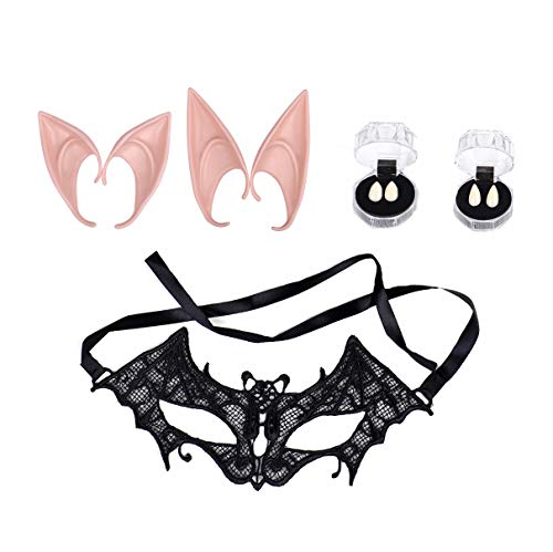 SIBOSUN Mardi Gras Masquerade Mask + 4 Pairs Vampire Teeth Fangs & Elf Ears Party Carnival Black