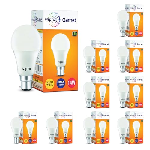 Image of wipro Garnet 14W LED Bulb for Home & Office |Warm White (2700K) | B22 Base|220 degree Light coverage |4Kv Surge Protection |400V High Voltage Protection |Energy Efficient | Pack of 10
