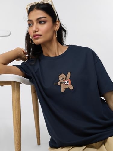 Image of The Souled Store We Bare Bears: Rockstar Women and Girls Short Sleeves Round Neck Blue Embroidered Cotton Lightweight Streetwear Casual Oversized T-Shirt