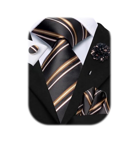 Image of Hi-Tie Men Silk Ties Set with Flower Lapel Pin Necktie Pocket Square Cufflinks for Tuxedo Wedding Business