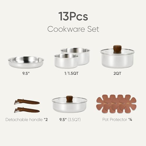 CAROTE 13pcs Tri-Ply Stainless Steel Cookware Set with Detachable Handle, Pots and Pans Set, Induction Kitchen Cooking Sets, RV/Camping Cookware, Oven Safe, Woodgrain Style