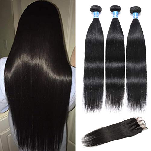 10A Virgin Straight Human Hair 3 Bundles with Closure(20 22 24 + 18) 100% Virgin Peruvian Straight Human Hair with Three Part Swiss Lace Closure Unprocessed Panse Hair Extensions