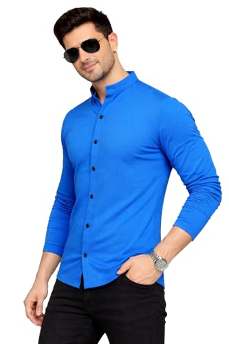 Image of Blisstone Men's Band Collar Shirt - Full Sleeve Slim Fit Casual Cotton Blend Mandarin Collar Button Down Shirt