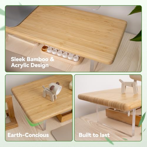 Image of Bamboo Monitor Stand Riser with RGB Lights,31.5 Inches Desktop Shelf with Acrylic Legs Supports for Desk, PC Computer Monitor, Laptops, Printer, Speakers (Natural)