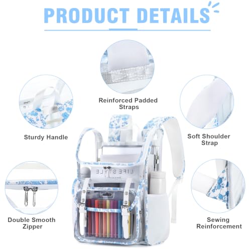 Image of DIGOBAY Clear Backpack with Lunch Bag, Corduroy Clear Bookbag Heavy Duty | Thick PVC Clear Backpack for Girls Women See Through Transparent Backpacks for Stadium Events College Travel Work, BlueFloral