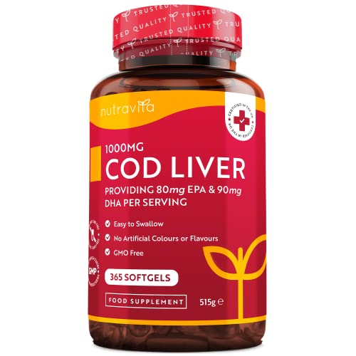 Olio di Fegato di Merluzzo Capsule 1000 mg - 365 Capsule Premium di Olio di Pesce - Omega 3 Alta Resistenza con Vitamine A, D, E e Olio di Aglio - Supporta la Salute di Cuore e Cervello - Nutravita