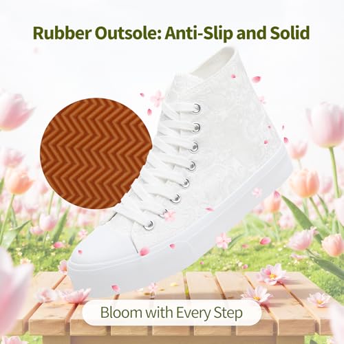 BENPAO Women's High Top Canvas Sneakers, Floral Embroidered Fashion Tennis Shoes - White Breathable Casual Walking Shoes3