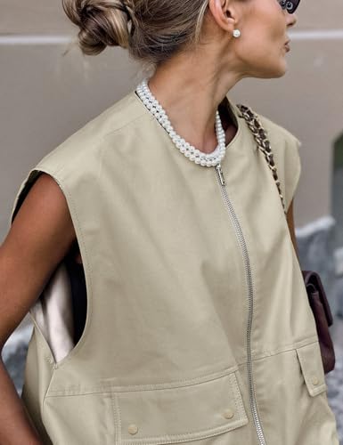 Yimoon Damen-Cargo-Weste mit Reißverschluss, lässig, gerüschter Saum, ärmellos, Blazer, Weste, Top mit Taschen, Khaki, L