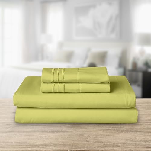 Image of Elegant Comfort Luxurious 1500 Premium Hotel Quality Microfiber Three Line Embroidered Softest 4-Piece Bed Sheet Set, Wrinkle and Fade Resistant, Queen, Pistachio Green
