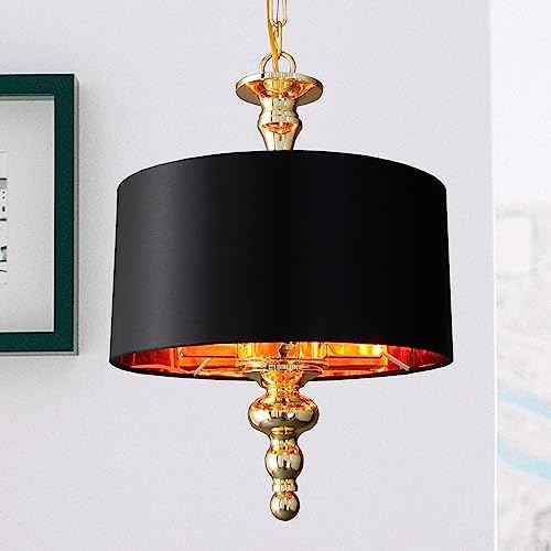 Cawabien Black Drum Pendant Light : 4 Light Semi-Flush Mount Drum Ceiling Light Fixture for Kitchen Island Dining Table Entry Bar, Modern Hanging Lights Chandelier with Gold Finish（Dia 11.75''）