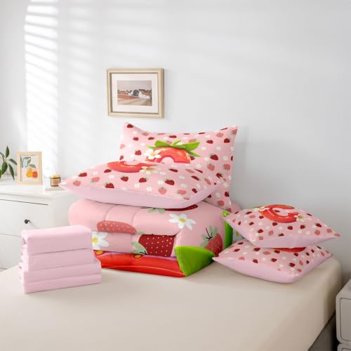 Image of Feelyou Girls Pink Red Strawberry Comforter Set with Sheets 7 Piece Queen Size Initial Letter C Bed in a Bag Kids Princess Strawberry Bedding Set Bedroom Decor Breathable Soft Lightweight Microfiber