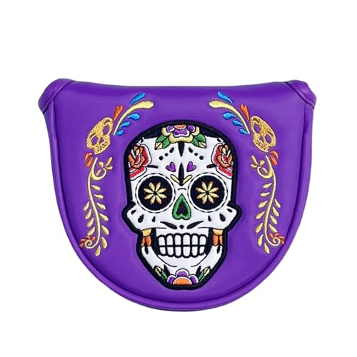 Golf Mallet Putter Cover with Magnetic Closure, Mallet Putter Headcover PU Leather Golf Putters - New Golf Club Covers Mallet Headcover, Skull Style Golf Gifts for Men (Purple)