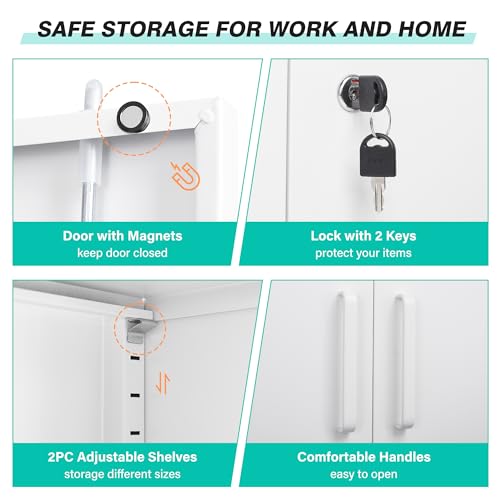 Image of SISESOL White Metal Storage Cabinet with Doors and Shelves,36 inch Small Metal Cabinet with Lock,Short Garage Storage Cabinets,Locking Steel Cupboard for Home,Office,Kitchen,Garages