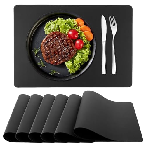 FWEEK 6er Set Tischsets Abwaschbar, 43x30CM Schwarz Lederoptik Kunstleder Wasserdicht, Platzset Abwaschbar, Tischuntersetzer rutschfest Tischset, Leder Platzdeckchen Tischdeckchen
