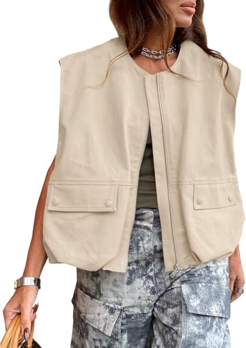 Vest Tops For Women Casual Zip Up Vest Cargo Oversized Ruched Hem Sleeveless Blazer Jackets Tops M-XL