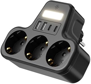 LED Gece Işıklı 3680 W Priz Adaptörü - 3'lü Akım Korumalı Priz + 2 USB ve 2 Type-C Girişli, Kablosuz Duvar Tipi Çoklu Şarj Adaptörü, Kısa Devre Koruma, Kompakt Tasarım