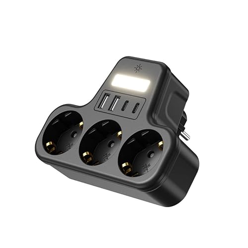 SMAYLİNG LED Gece Işıklı 3680 W Priz Adaptörü - 3'lü Akım Korumalı Priz + 2 USB ve 2 Type-C Girişli, Kablosuz Duvar Tipi Çoklu Şarj Adaptörü, Kısa Devre Koruma, Kompakt Tasarım