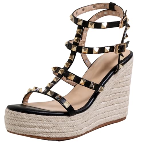 Women Platform High Heels Sandals Open Toe Studded Solid Color Wedges Runway Party Summer Shoes