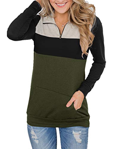 Uincloset Women's Casual Triple Color Block Long Sleeve 1/4 Zip Pullover Loose Lightweight Tops Sweatshirts with Pocket