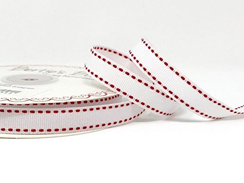 Bertie's Bows White Grosgrain With Red Saddle Stitch Grosgrain Ribbon 13Mm 3M Length (N.b. This Is A Cut From A Roll, Presented On A Ribbon Card)