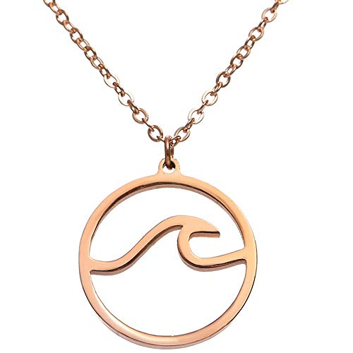 Stainless Steel Sea Ocean Wave Statement Collar Holiday Vacation Pendant Necklace (Rose Gold)