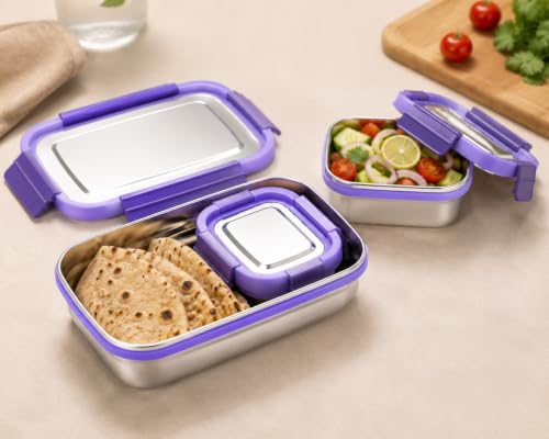 Image of MARKWELL Stainless Steel Lunch Box 700ml + 200ml | Leak Resistant Tiffin Box with Mini Container | BPA Free Lunch Box for Office, School, College, Kids & Travel | (Multicolor)