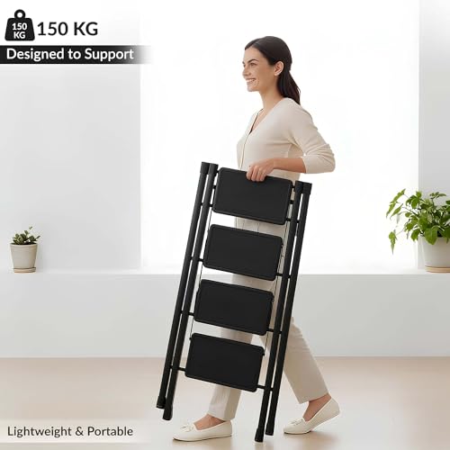 Image of Plantex 4 Step Ladder for Home Use /Wide Anti-Slip Heavy-Duty Step Stool /Lightweight Kitchen Ladder 4 Step (Black)