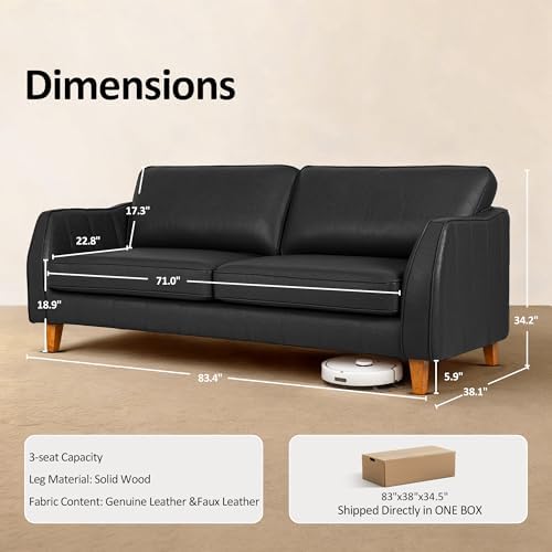 MCombo 84 Inch Oversized Genuine Leather Sofa, Real Leather Sofa with Feather-Fiber Pillow & Solid Wood Frame, Napa Leather Loveseat for Living Room VE727 (Black)