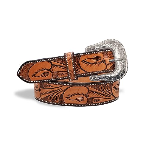 RESISTANCE Premium Western Cowgirl Cowboy Floral Tooled Argentinian Leather Belt With Floral Embossed Silver Buckle