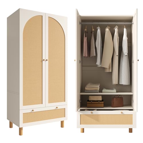 EMKK Kleiderschrank 2 Türig, Garderobenschrank Rattan Geflecht...