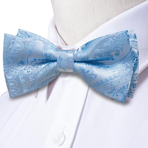 Image of Hi-Tie Bow Tie Men Pre Tied Bowtie Pocket Square Cufflinks Lapel Pin Formal Wedding Bow Ties for Men Party Tuxedo Bowtie Set,Baby Blue Paisley Floral