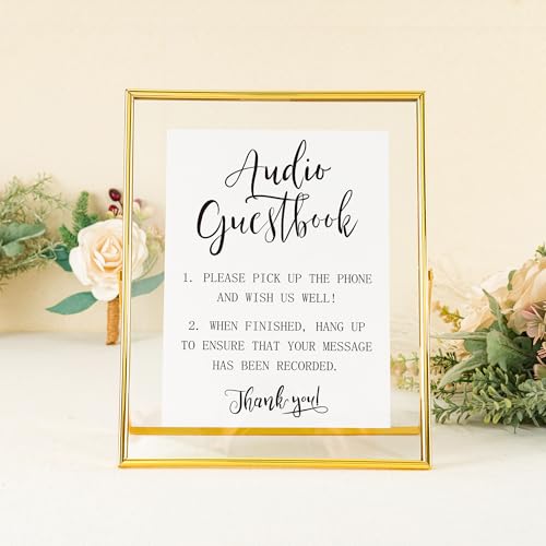 Image of Calculs Audio Guest Book Sign, Gold 8x10 Floating Picture Frame | Double glass metal frame, fits 6x8 insert, audio guest book table, reusable tabletop frame for signs and photos