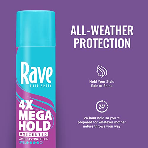 Image of rave 4X Mega Unscented Aerosol Hairspray - Hair Spray for High Humidity Weather - 24-Hour Lasting Hold - Vitamin-Enhanced Hair Volume Spray - 11 oz (Pack of 2)