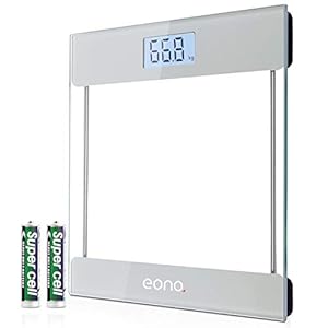 Eono by Amazon – Digitale Weegschaal met zeer exacte sensoren en getemperd glas personen weegschaal keuken(stone/kg/lbs)