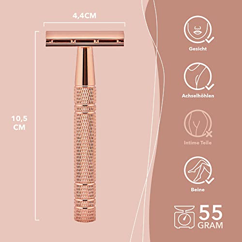 Foto von Bamboozy Safety Razor mit 20 Rasierklingen - Rasierhobel für Damen und Herren - Edelstahl - Zero Waste - Double Edge Nassrasierer - Rose Gold