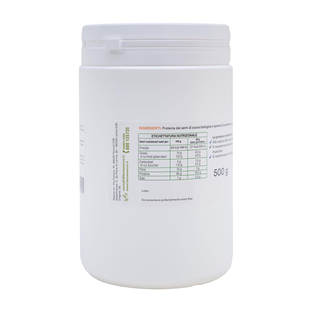 Benessence - Proteine vegetali della Zucca Biologica in Polvere - 2x500g - con il 60% di proteine per il benessere dei muscoli e delle ossa