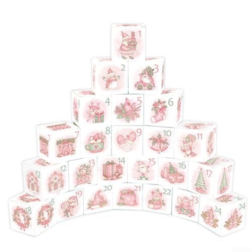 Scatole per calendario dell'Avvento di Natale, 24 scatole di carta, per il conto alla rovescia per bambini e famiglia, da riempire con cioccolatini, caramelle (24 rosa)