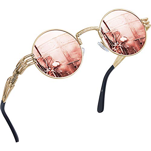 Joopin Retro Polarized Steampunk Sunglasses Lennon Round Mirrored lens Metal Circle Vintage Sunglasses for Men and Women (Pink Steampunk) steampunk buy now online