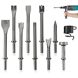 FLKQC 10pcs Pneumatic Air Hammer Chisels Set, Heavy Duty High Carbon Steel Pneumatic Air Hammer Chisels with 0.401' Shank, Pneumatic Chisel Tool Rivet Removal & Automotive Repairs, Includes Spring