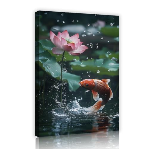 Toile art mural poisson koi et étang de lotus en été décoration intérieure feng shui 30x45cm