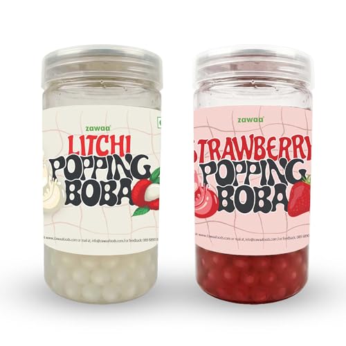 Image of Zawaa Boba Tea Assorted Popping Boba Pearls - Strawberry & Litchi | 300g Each (Pack of 2) | Bursting Bubble Tea Pearls