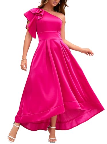 MIJUNMIO Ruffle Sleeve Dress Asymmetrical Neckline Womens Dress Cocktail Evening Party Dress M Rose
