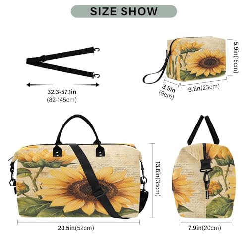 Retro Sunflower Travel Duffel Bag Large Capacity Weekender Bag with Toiletry Bag Detachable Shoulder Strap Travel Tote Bag for Women3