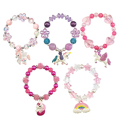 Elemirsa 5Pcs Little Girl Bracelet Kids Unicorn Bracelets Girl Unicorn Party Favor Pretend Play Bracelet For Toddlers Teens Charm Bracelet Gift Box #TOP5